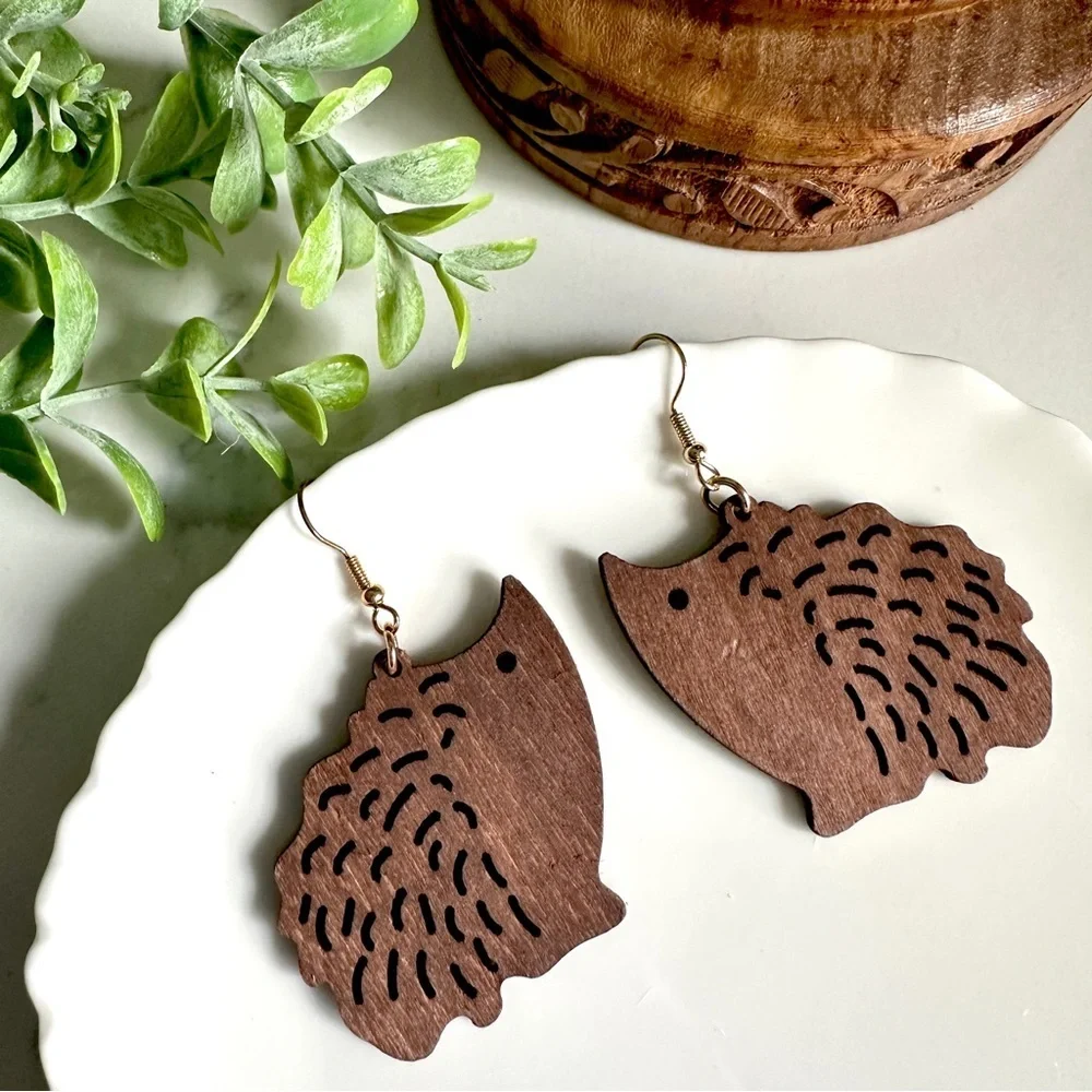 2/$30🌵 Hedgehog Dark Wood Earrings Animal Lasercut Lightweight Woodland NEW